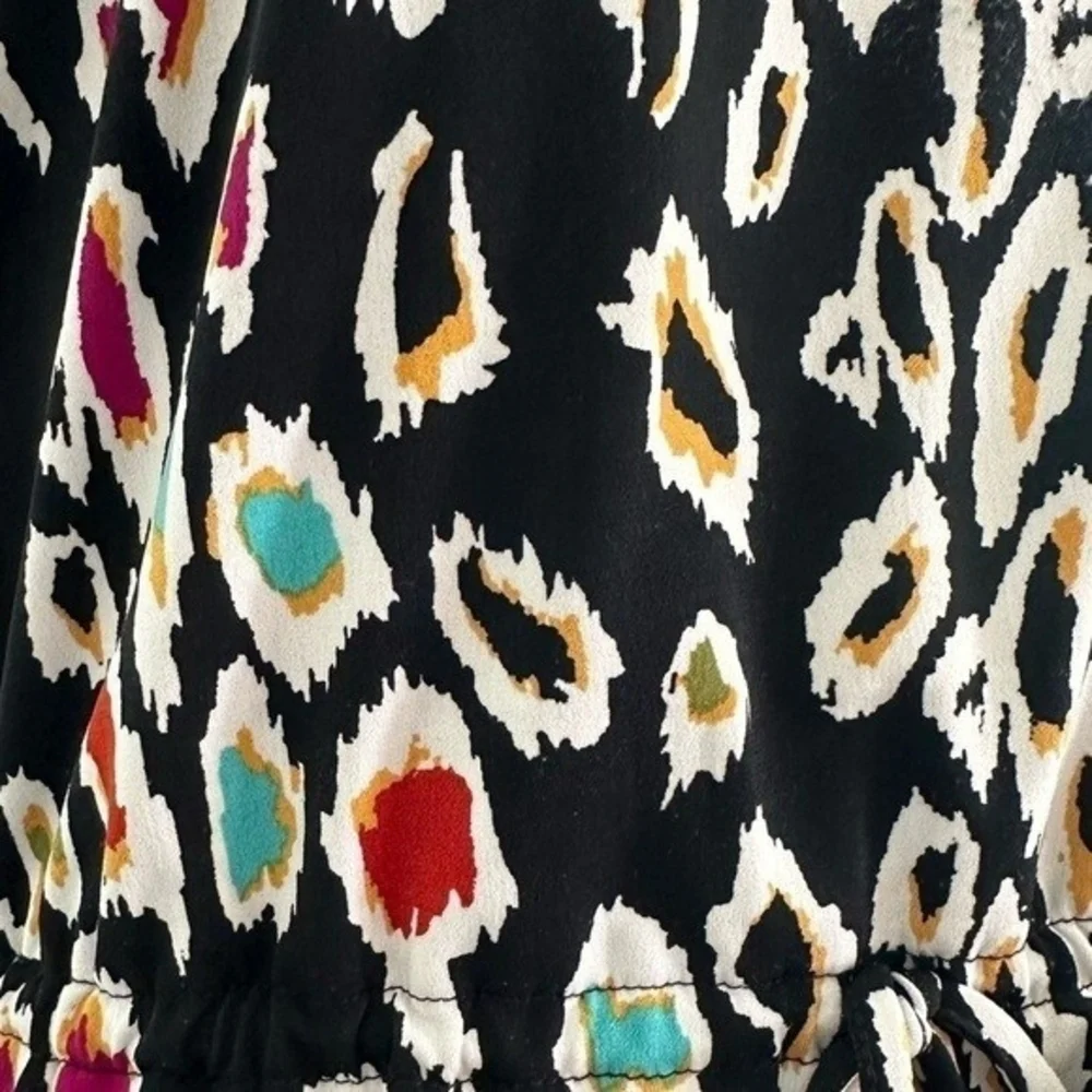 NICOLE MILLER Black One Shoulder Ruffle Bodycon Dress Sz M Multicolor Spotted VG - Picture 7 of 9